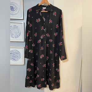 J. Jill Tiered Floral Shirt Dress Black Button Front Long Sleeve Size M